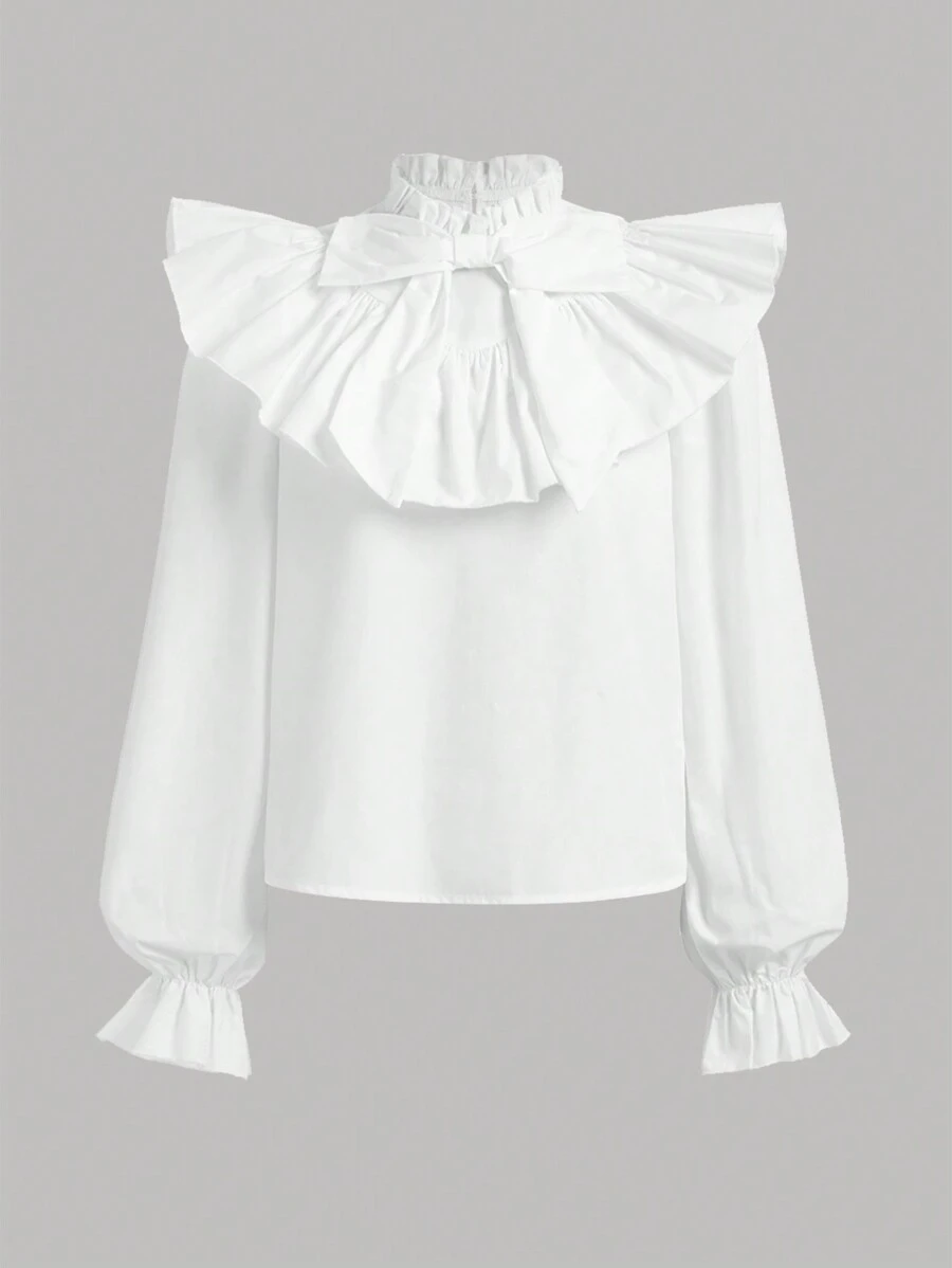 SHEIN Teen Girl Ruffle Trim Bow Front Flounce Sleeve Blouse - White - View 1