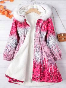 SHEIN Girls' Zipper Front Plush Hat Jacket, Quilted - Multicolor - View 1