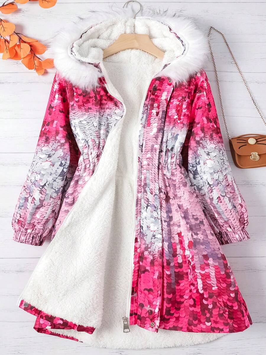 SHEIN Girls' Zipper Front Plush Hat Jacket, Quilted - Multicolor - View 1