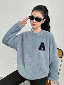 Thiếu niên cô gái Thư được vá Thả vai Aó chui đầu Teddy - Màu xanh bụi bặm - Xem 1