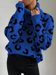 SHEIN LUNE Leopard Print Turtleneck Sweater,Long Sleeve Tops Knit Pullover Fall Winter Outfit - Multicolor - View 1