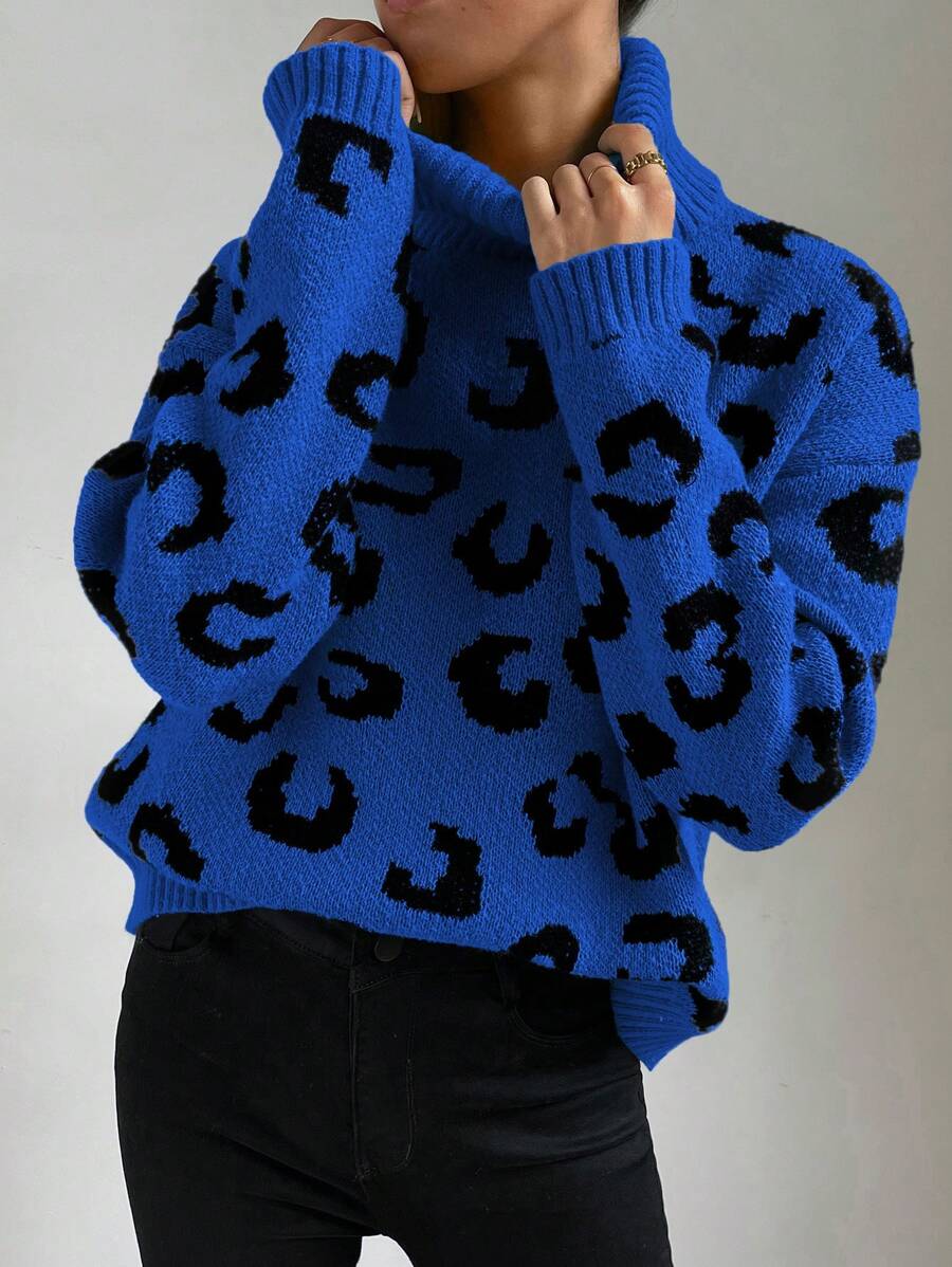 SHEIN LUNE Leopard Print Turtleneck Sweater,Long Sleeve Tops Knit Pullover Fall Winter Outfit - Multicolor - View 1