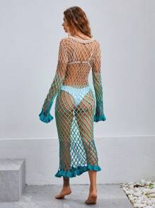 Swim Chiccia 女士漸變色網紗魚網罩衣連荷葉邊袖深v連衣裙