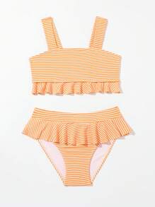Conjunto De Bikini Con Volantes Y Rayas Para Niña Joven Con Adornos Decorativos - Amarillo - Ver 5