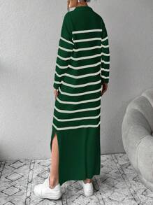 EURMUSE Striped Knit Sweater Dress With Split Hem - Green - View 2