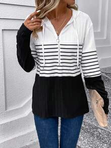 SHEIN LUNE In sọc Một nửa khóa kéo Dây rút áo có mũ Áo thun - Nhiều màu - Xem 5