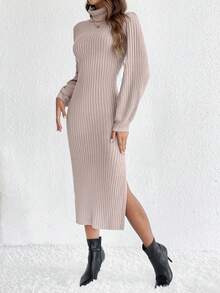 SHEIN Frenchy Áo cao cổ Viền mép Áo len dệt kim Đầm Không có thắt lưng - Màu be - Xem 5