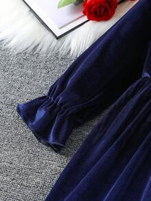 SHEIN Young Girl Ruffle Trimmed Ribbon & Bow Decorated Dress - Navy Blue - View 6
