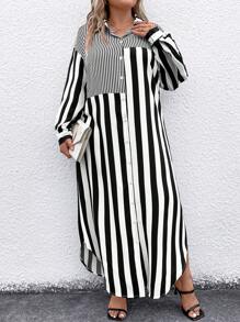 SHEIN LUNE Plus-size Striped Shirt Dress - Black and White - View 1
