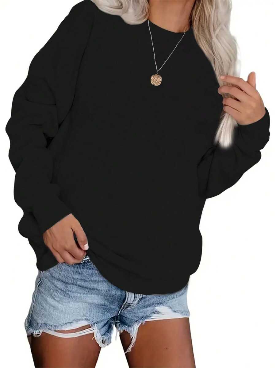 SHEIN LUNE Solid Drop Shoulder Thermal Lined Sweatshirt - Black - View 1