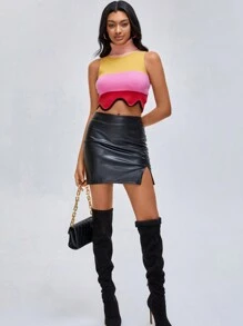 ISELACOS 色塊帶鉸邊縐領短款針織上衣 - 彩色 - 查看 6