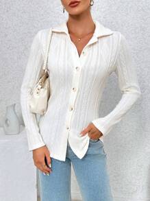 SHEIN Essnce Cable Knitted Jacquard T-shirt - Beige - View 5