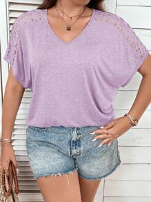SHEIN LUNE Plus Size Hollow Out Design T-shirt - Mauve Purple - View 6