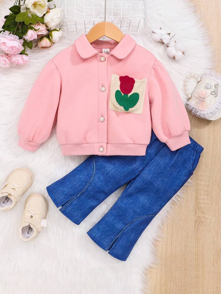 Baby Girl Cute Flower Pocket Lapel Jacket & Wide Leg Pants Set