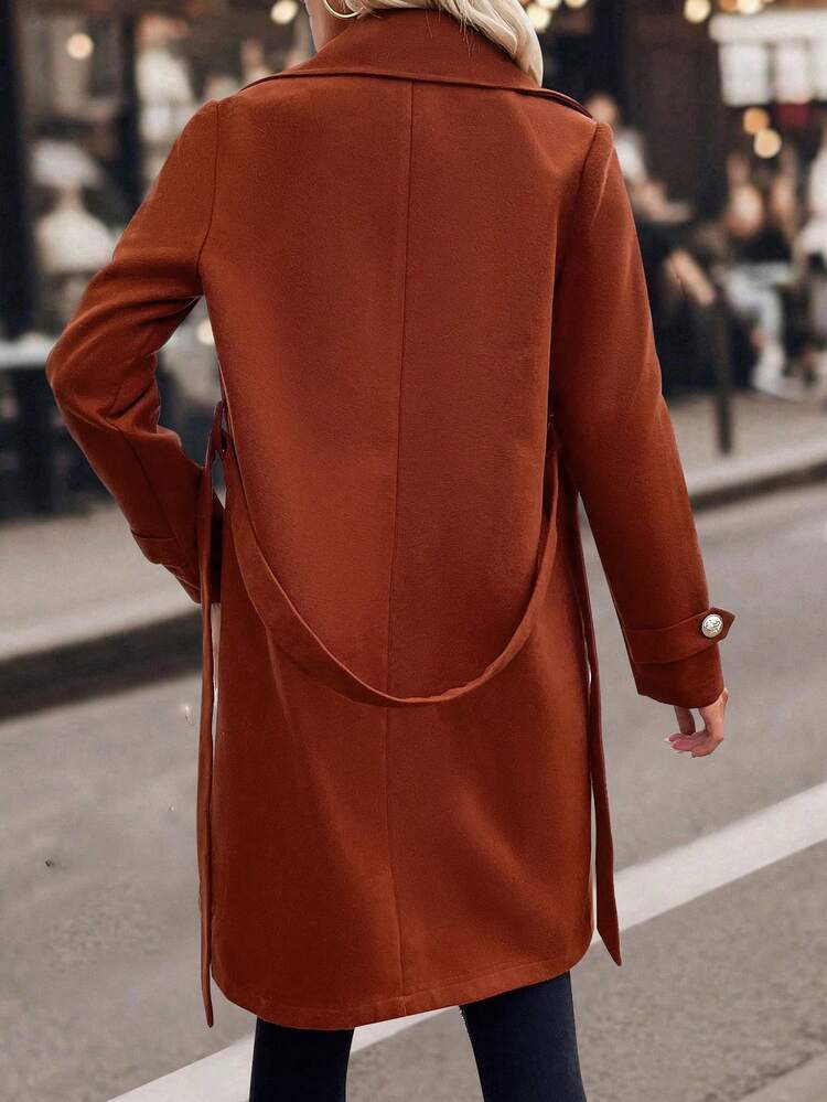 Double-Breasted Belted Woolen Coat Fall Cloth For Women