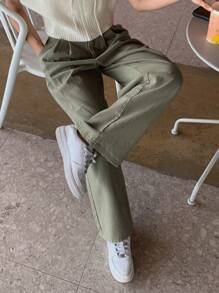 DAZY Cao eo Chi tiết nếp Quần chân thẳng - màu xanh lá - Xem 6