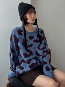 FRIFUL 女士豹紋寬鬆針織衫,垂墜肩設計 - 彩色 - 查看 7