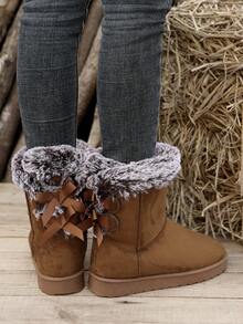 Giày bốt đi tuyết đế dày cao đến giữa bắp chân dành cho nữ, lót giữ nhiệt ấm áp, trang trí nơ, cỡ lớn, hàng mới về mùa đông - màu nâu - Xem 5