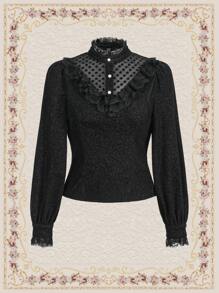 Vintamour 女士們圓點蕾絲鑲邊襯衫 - 黑色 - 查看 3