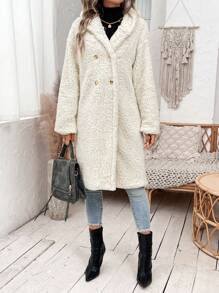 SHEIN Essnce Double Breasted Hooded Teddy Coat - Apricot - View 3