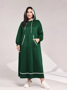 Mulvari Kích thước lớn Túi kangaroo Dây rút áo có mũ Thả vai Đầm nỉ - màu xanh lá - Xem 4