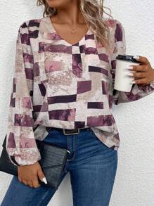 Calvaya Talla grande Blusa con estampado de retazo de manga farol