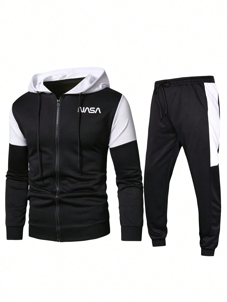Manfinity Homme Men's Letter Printed Two-color Zipper Hooded Sweatshirt And Tracksuit Pants Set - Black - View 1
