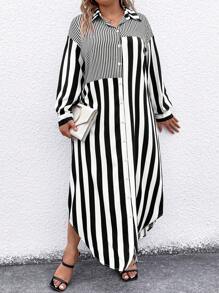 SHEIN LUNE Plus-size Striped Shirt Dress - Black and White - View 5