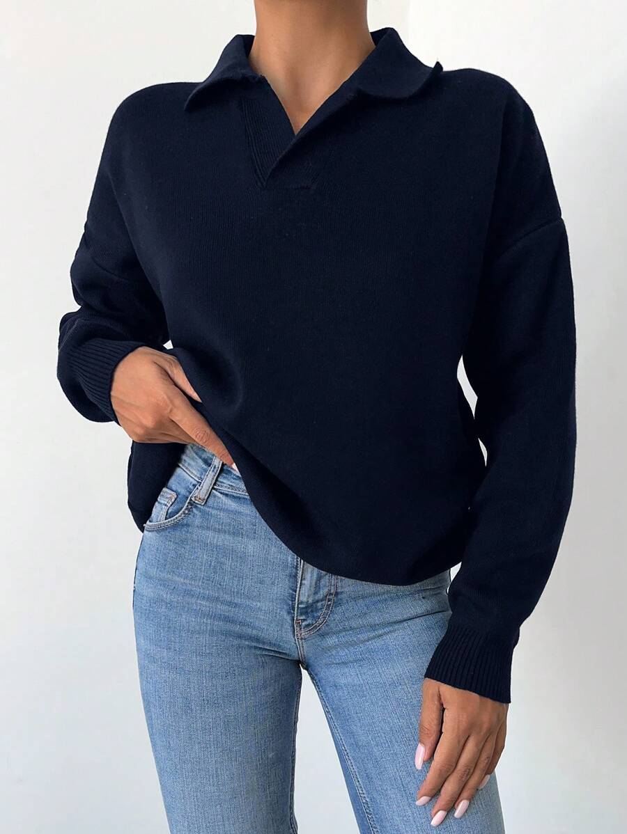 EURMUSE Solid Drop Shoulder Sweater - Navy Blue - View 1