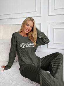 EURMUSE Letter Printed Ribbed Knit Loungewear Set - Dark Green - View 5