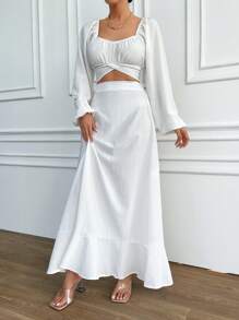 EURMUSE Top Corto Liso Con Mangas Farol Y Falda Con Dobladillo Con Volantes - Blanco - Ver 4