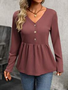 SHEIN LUNE 女士肋紋荷葉邊t恤 - 紅色 - 查看 4