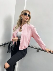 街頭潮流拉鍊前斜口袋彈性下擺垂墜肩複合布春裝休閒牛仔上衣 - 粉色 - 查看 6