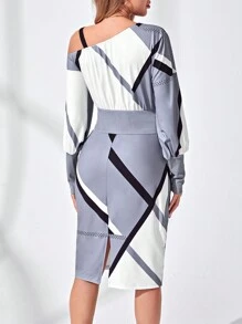 SHEIN Clasi Colorblock Asymmetrical Neck Lantern Sleeve Dress - Multicolor - View 2