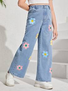 SHEIN 少女休閒舒適寬腿牛仔褲,可愛的多巴胺著色區塊和花卉印花,淺色洗水藍