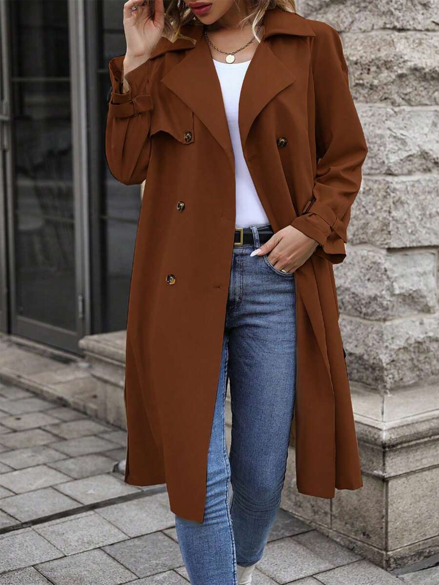 SHEIN LUNE DOUBLE-BREASTED Áo khoác Trench Áo khoác - màu nâu - Xem 1