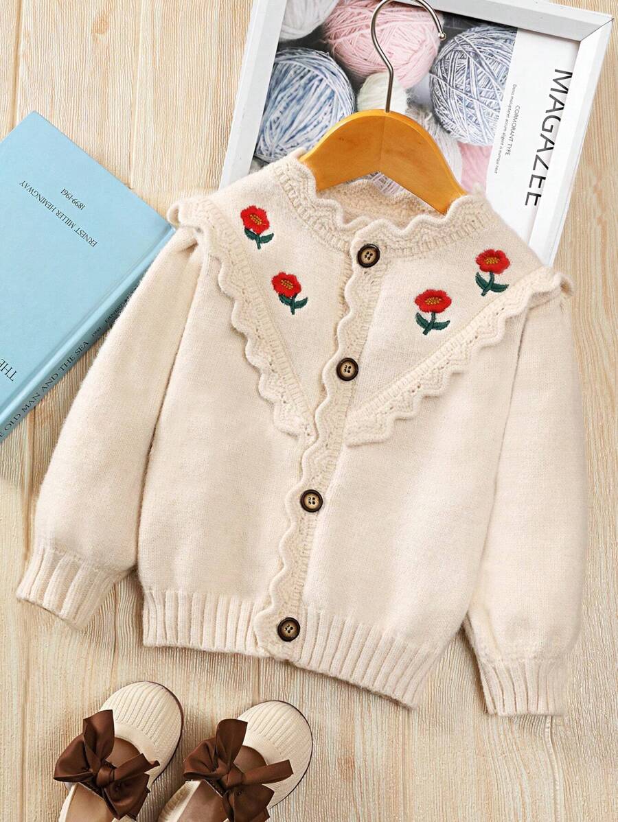 SHEIN 女童刺繡花卉燈籠袖開襟針織外套 - 杏色 - 查看 1