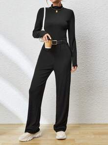 SHEIN Essnce Women's Ribbed Mock Neck Plain Jumpsuit - Black - View 5