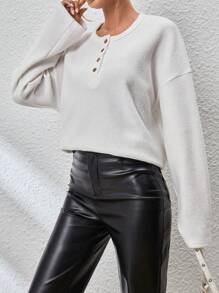 SHEIN Essnce 女式纯色落肩纽扣细节 T 恤 - 米色 - 查看 5