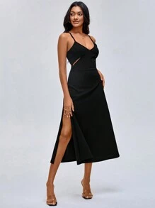 Growing Cut Out Split Thigh Cami Dress - Black - View 5