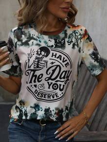 SHEIN LUNE 扎染标语图案 T 恤 图案 T 恤 女式上衣 - 杏色 - 查看 4