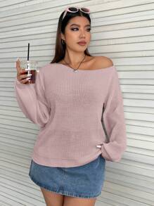 SHEIN EZwear Hơn Cổ không đối xứng Áo len - Hồng - Xem 4