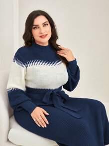 Mulvari 女士加大尺碼色塊長袖連衣裙,腰帶設計 - 寶藍色 - 查看 6