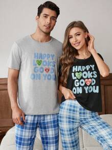 男士卡通表情印花圓領t卹+格紋長褲家居服 - 彩色 - 查看 5