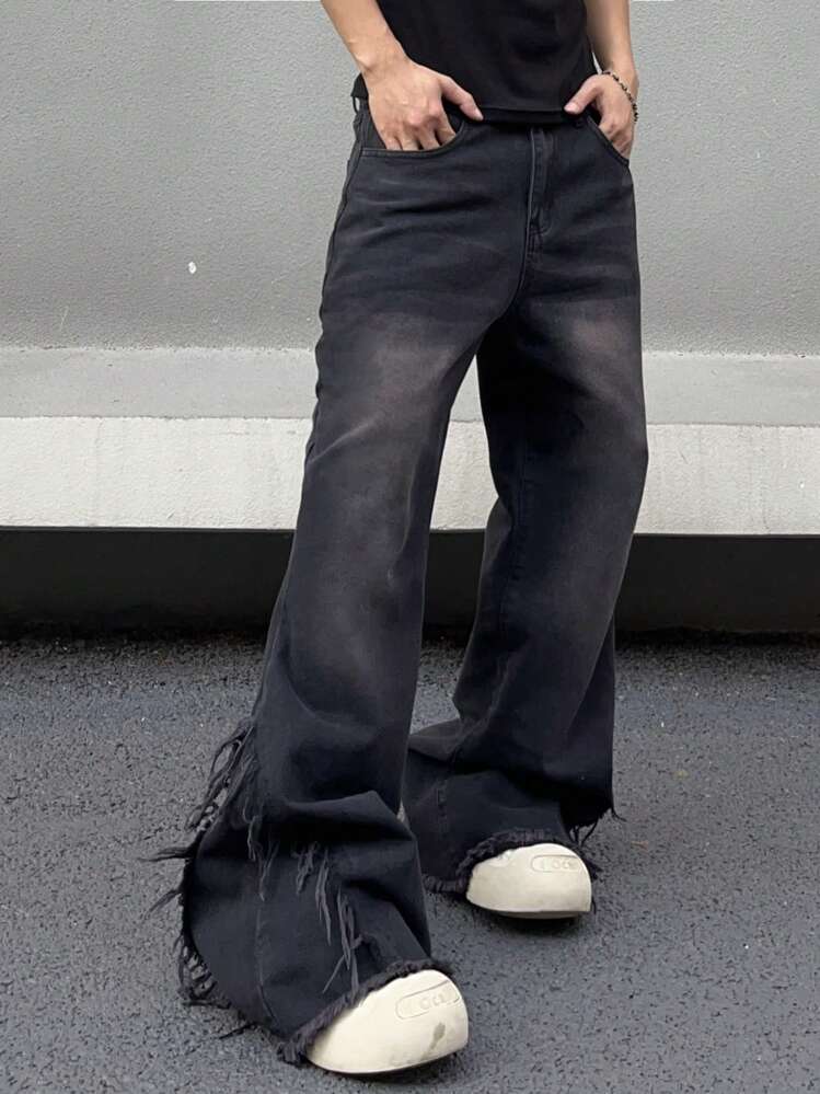 Manfinity Roghcode 黒 遊び心のある フレア デニムパンツ フリンジ
