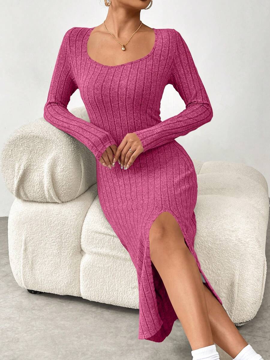 SHEIN Essnce 純色高開衩長袖連身裙 - 玫紅色 - 查看 1