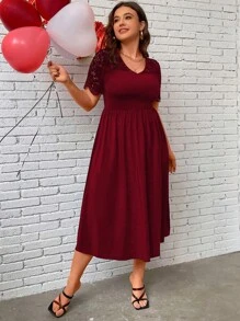 SHEIN Clasi Vestido De Talla Grande De Color Sólido Con Parche De Encaje En V-cuello - Burdeos - Ver 4