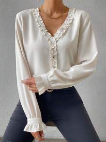 SHEIN Privé Women's Ruffle Sleeve Shirt With Frill Edge Design - Apricot - View 1