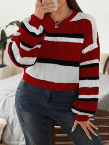 Flirla Ngắn Sọc Áo len Áo chui đầu - Đỏ - Xem 6