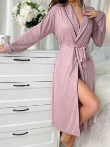 Contrast Trim Belted Kimono Robe With Shawl Collar - Dusty Pink - View 4